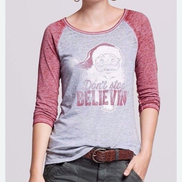 Womens Gray Dont Stop Believin Santa Christmas. 3/4 Sleeve Shirt XS - Picture 1 of 7
